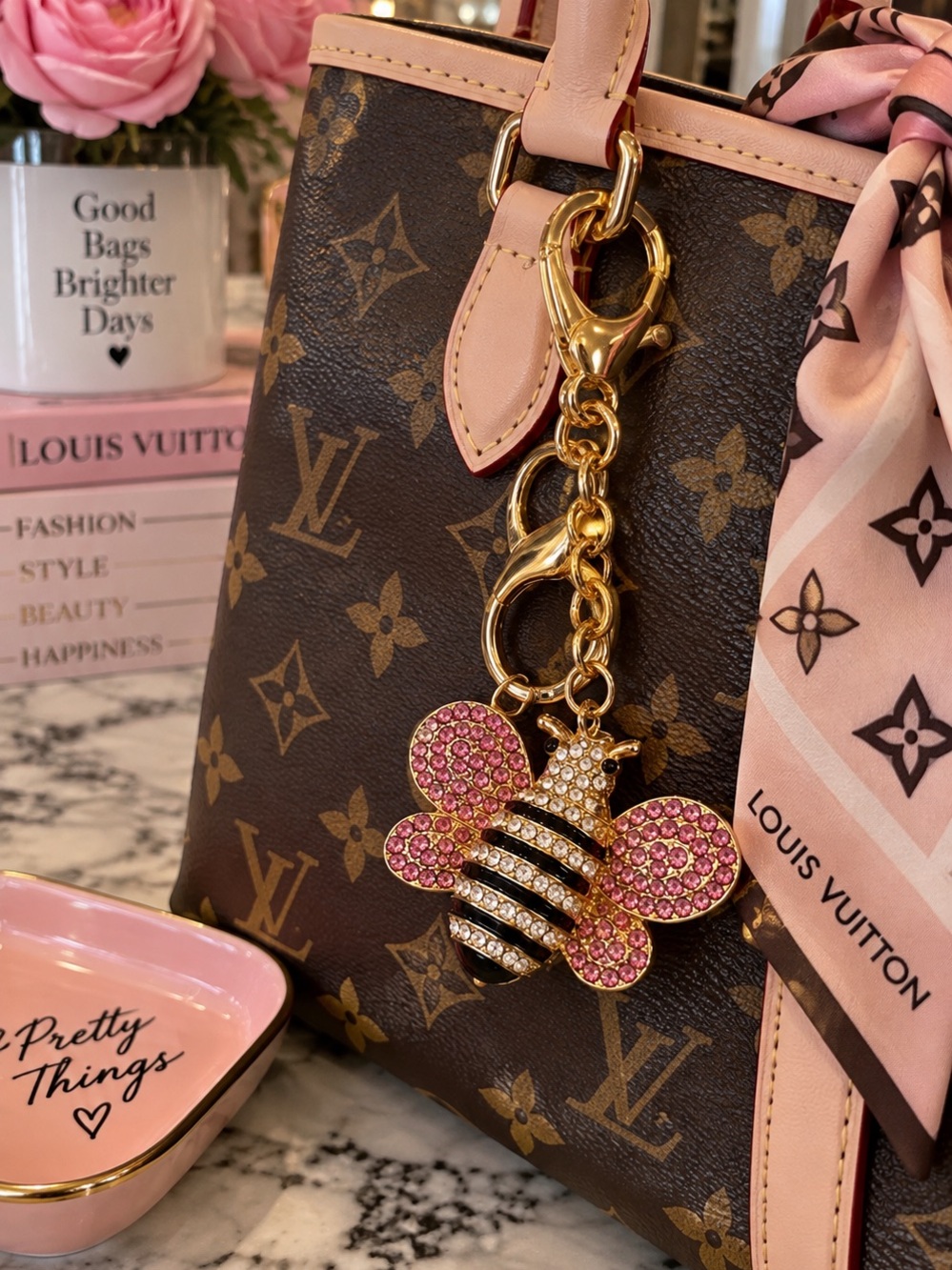 12 Gold & Silver Bee Keychains/ bag charms with Pink Glitter Wings-Bulk bundle - Picture 3 of 7